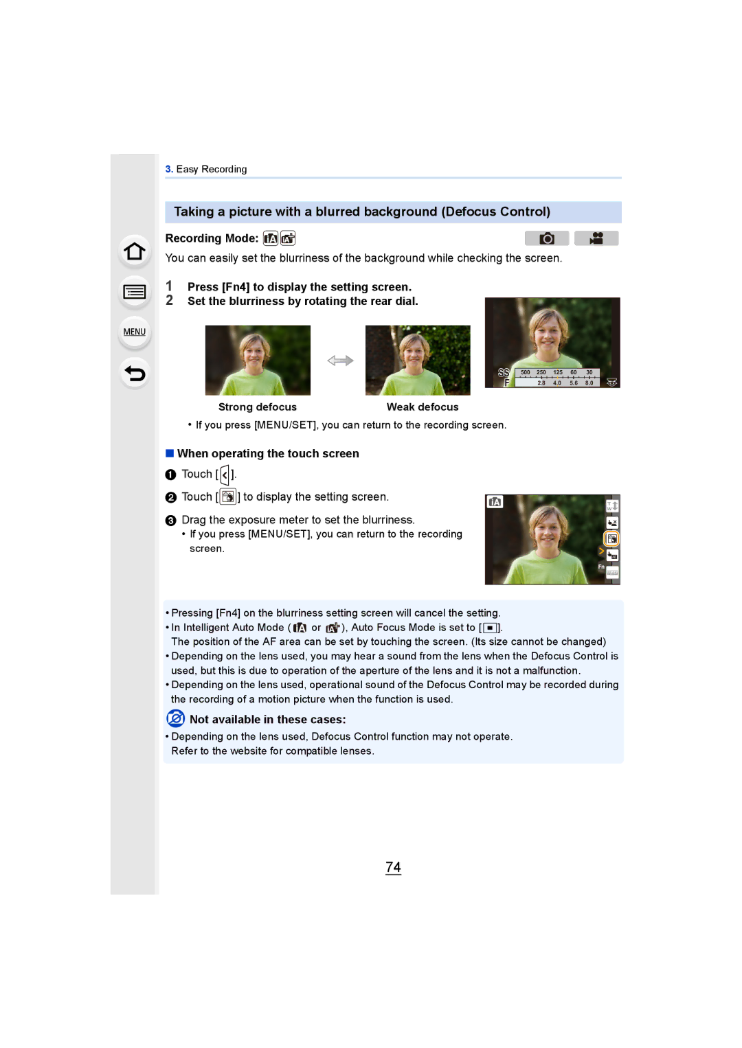 Panasonic DMCGH4KBODY Taking a picture with a blurred background Defocus Control, When operating the touch screen 