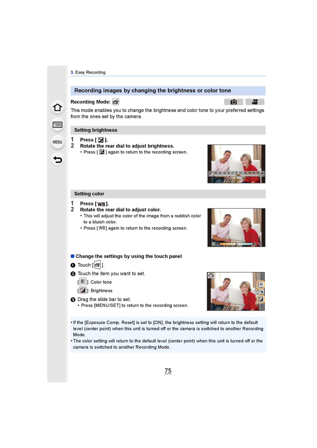 Panasonic DMCGH4YAGH Recording images by changing the brightness or color tone, Touch Touch the item you want to set 