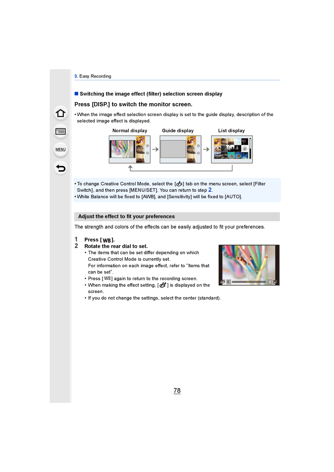 Panasonic DMCGH4KBODY Press DISP. to switch the monitor screen, Switching the image effect filter selection screen display 