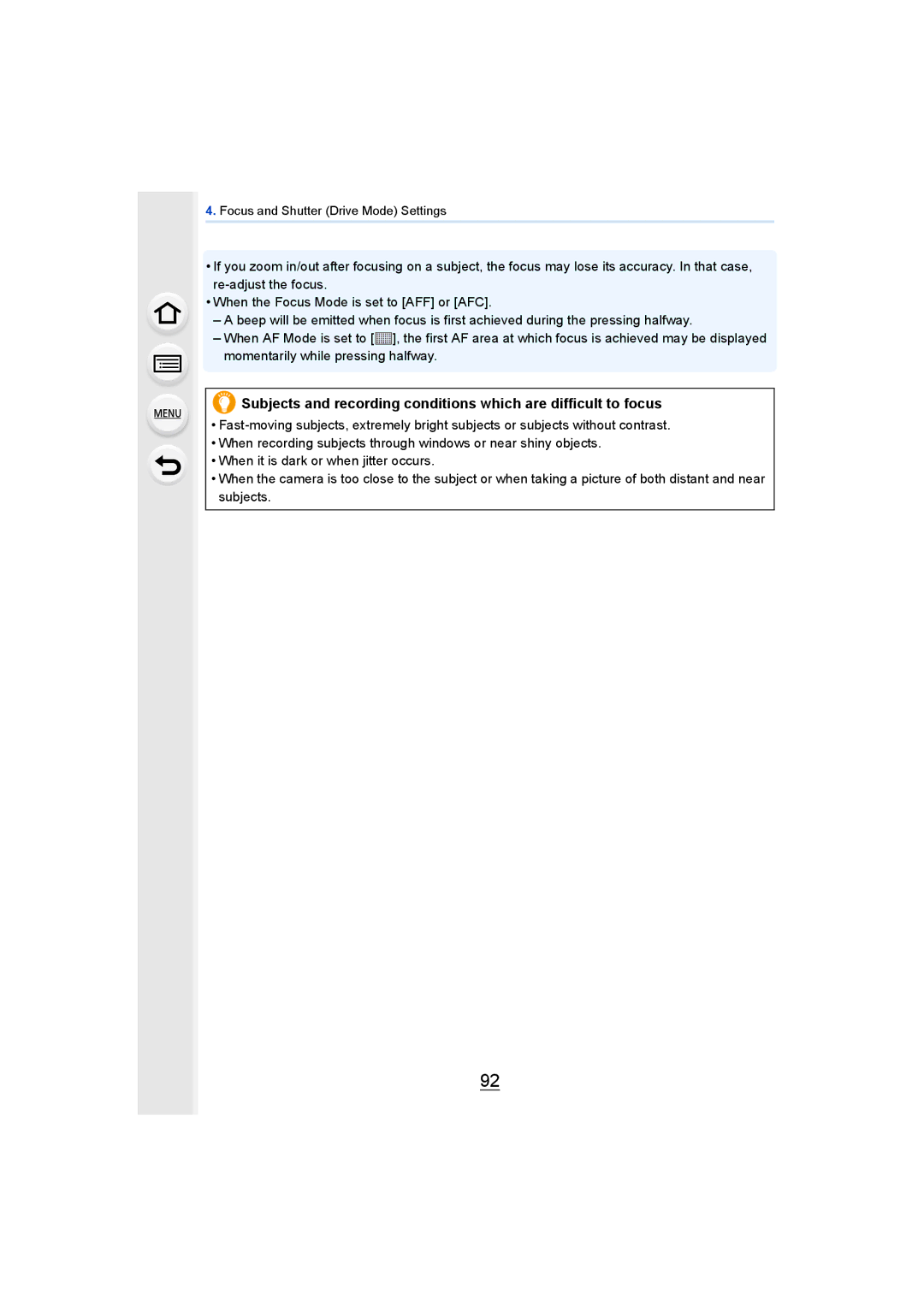 Panasonic DMCGH4KBODY, DMCGH4YAGH owner manual Focus and Shutter Drive Mode Settings 