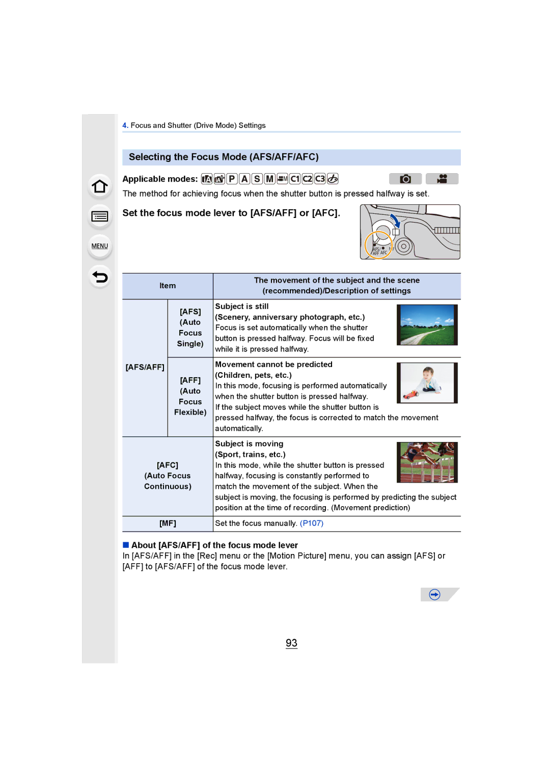 Panasonic DMCGH4YAGH, DMCGH4KBODY owner manual Selecting the Focus Mode AFS/AFF/AFC, About AFS/AFF of the focus mode lever 