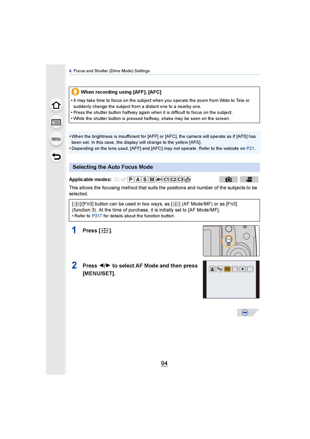 Panasonic DMCGH4KBODY, DMCGH4YAGH owner manual Selecting the Auto Focus Mode, When recording using AFF, AFC 