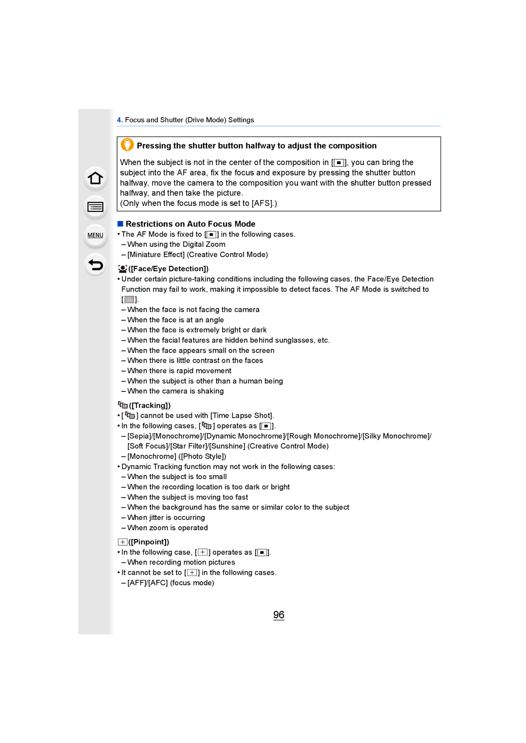 Panasonic DMCGH4KBODY, DMCGH4YAGH owner manual Restrictions on Auto Focus Mode, Face/Eye Detection 