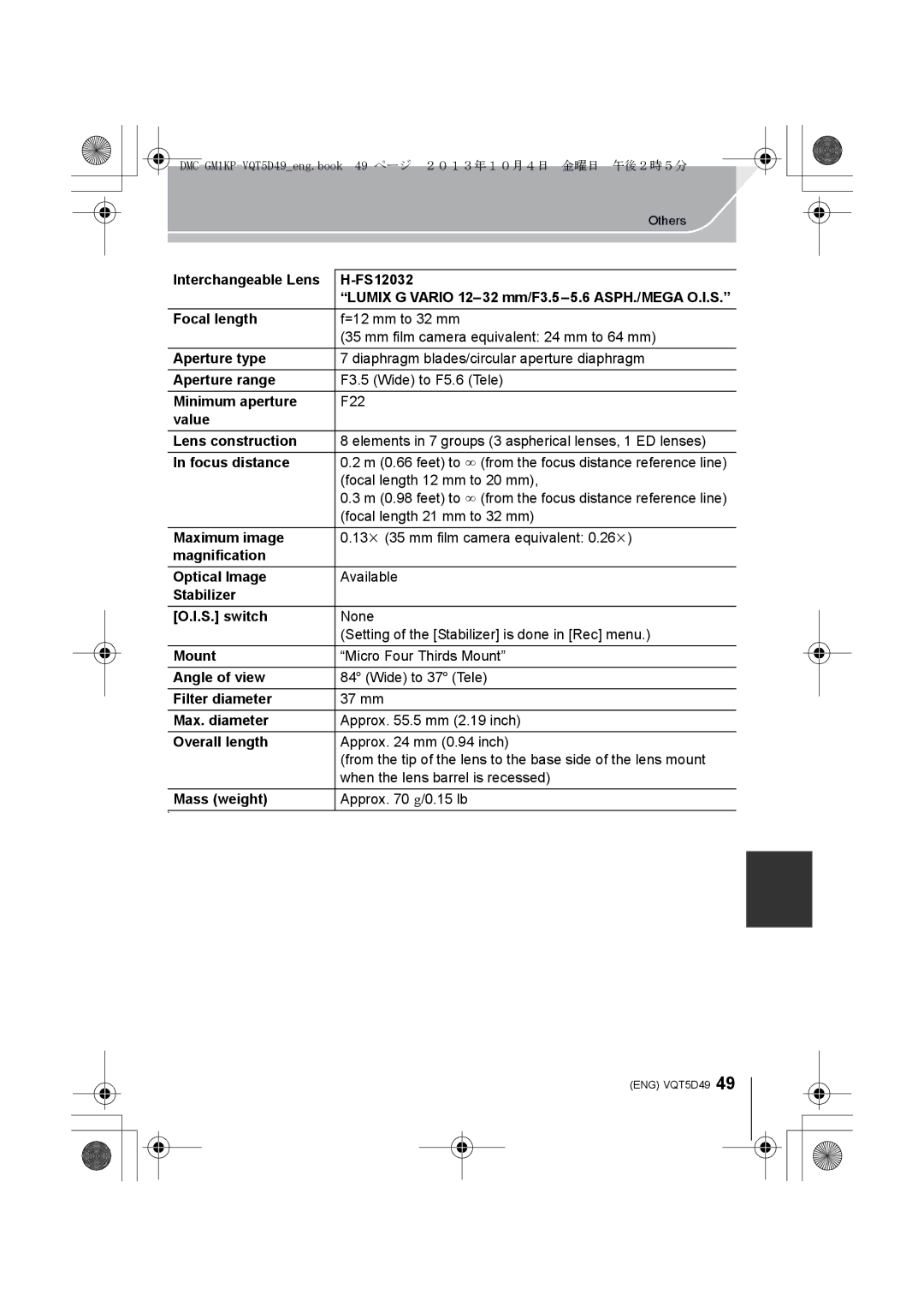 Panasonic DMCGM1KD Interchangeable Lens FS12032, Focal length, Aperture type, Aperture range, Minimum aperture, Mount 