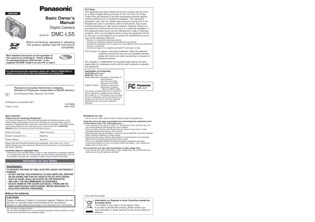 Panasonic DMC-LS5P-K specifications About the batteries, Dear Customer, Carefully observe copyright laws, FCC Note 