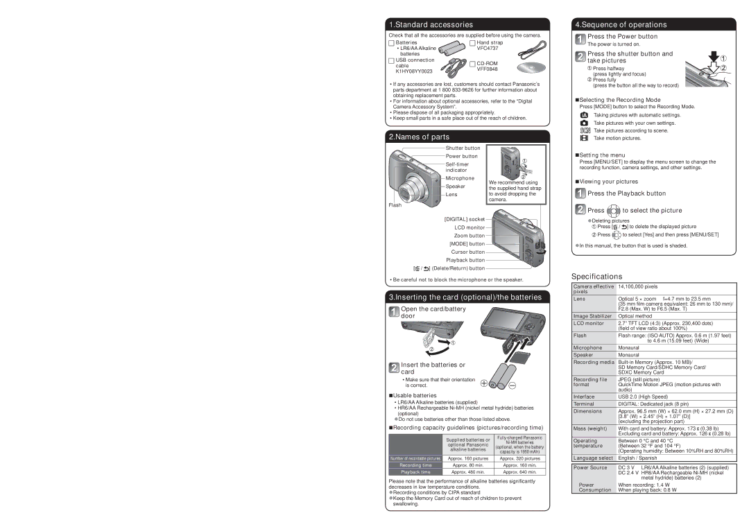 Panasonic DMC-LS5 Standard accessories, Names of parts, Inserting the card optional/the batteries, Sequence of operations 