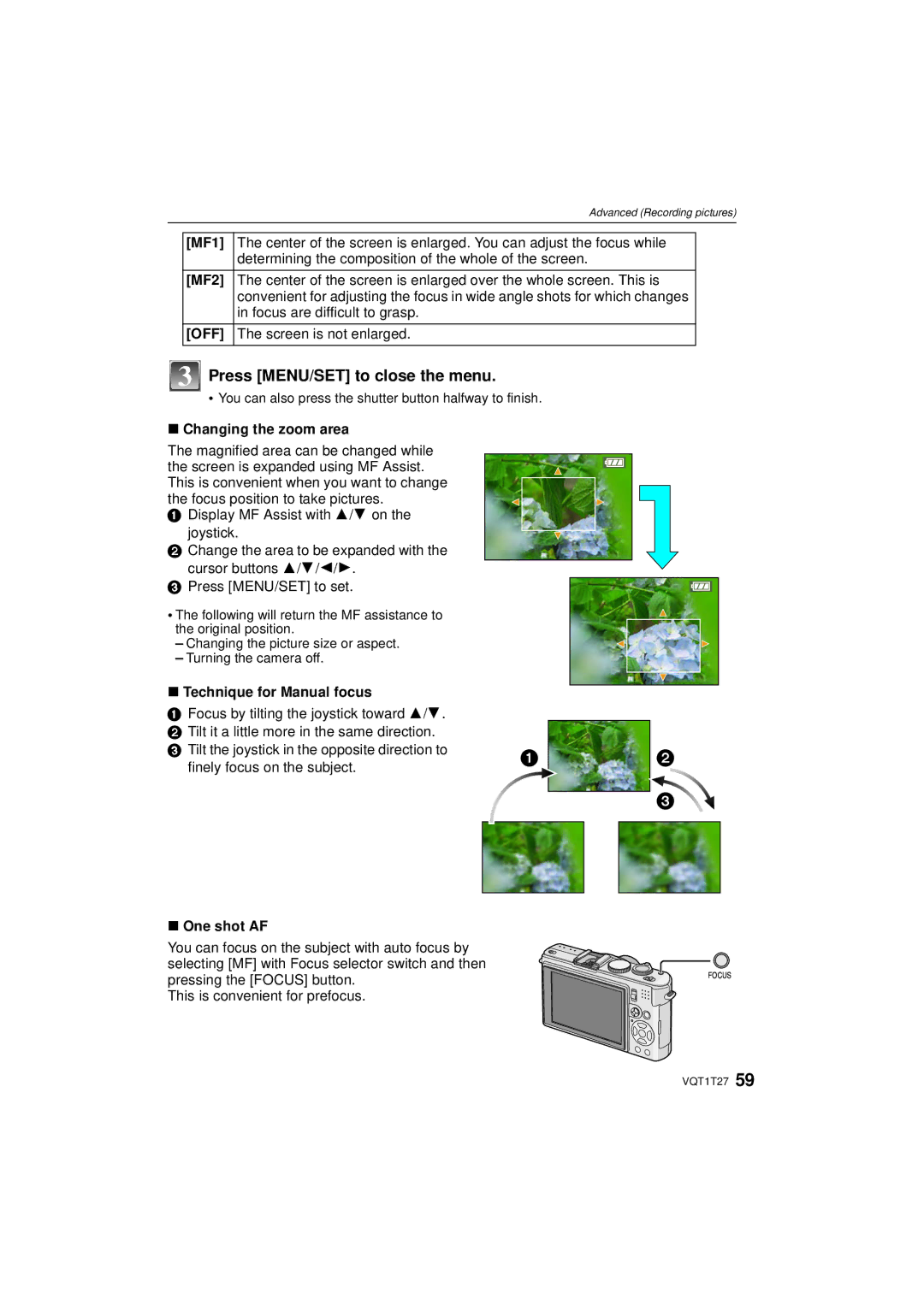 Panasonic DMC LX 3, DMCLX3K operating instructions Changing the zoom area, Technique for Manual focus, One shot AF 