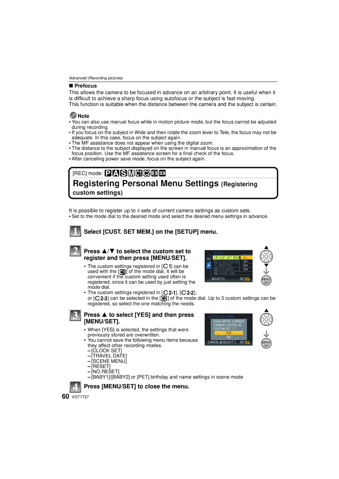 Panasonic DMCLX3K, DMC LX 3 Registering Personal Menu Settings Registering, Press 3 to select YES and then press, Prefocus 