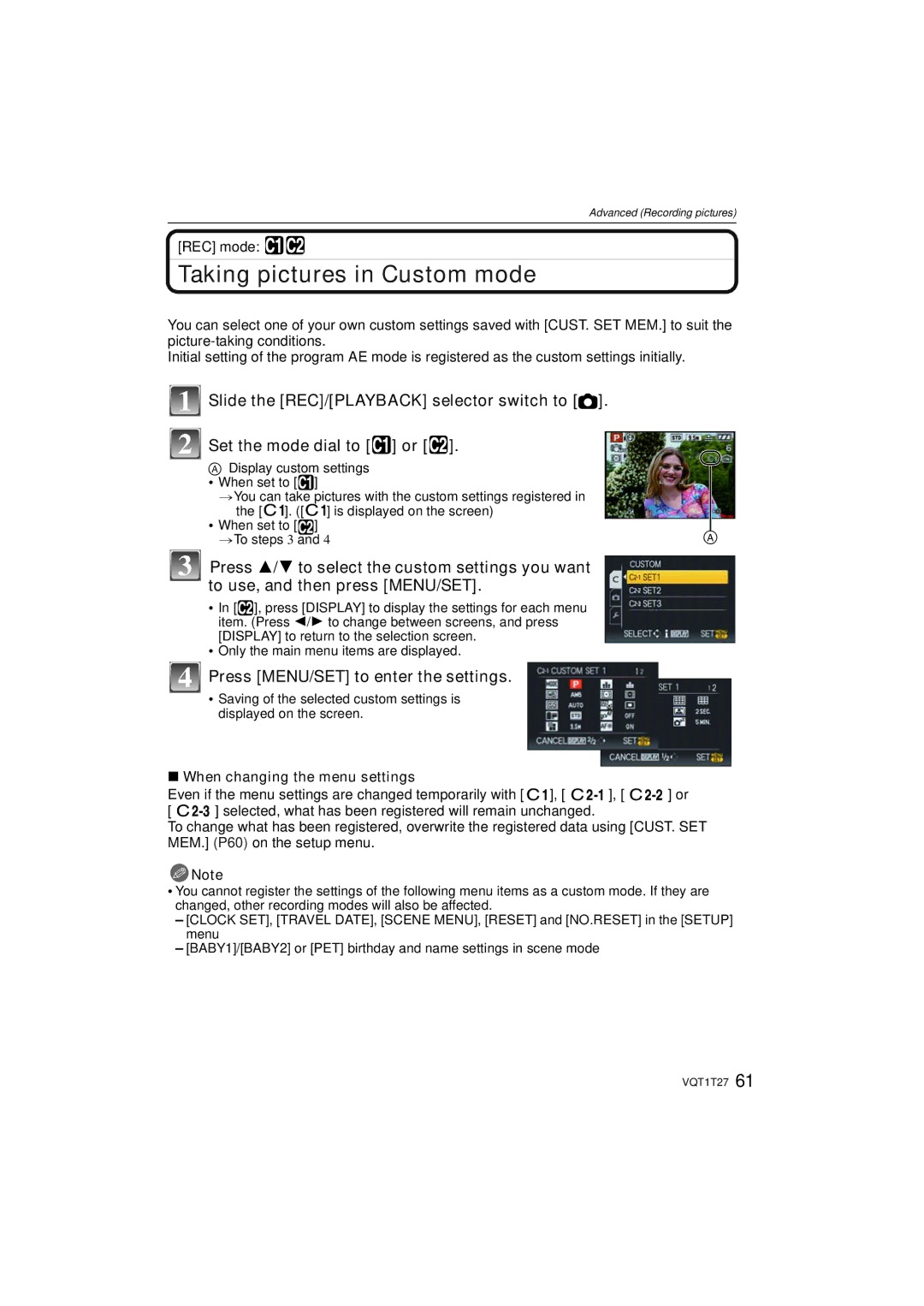 Panasonic DMC LX 3 Taking pictures in Custom mode, Press MENU/SET to enter the settings, When changing the menu settings 