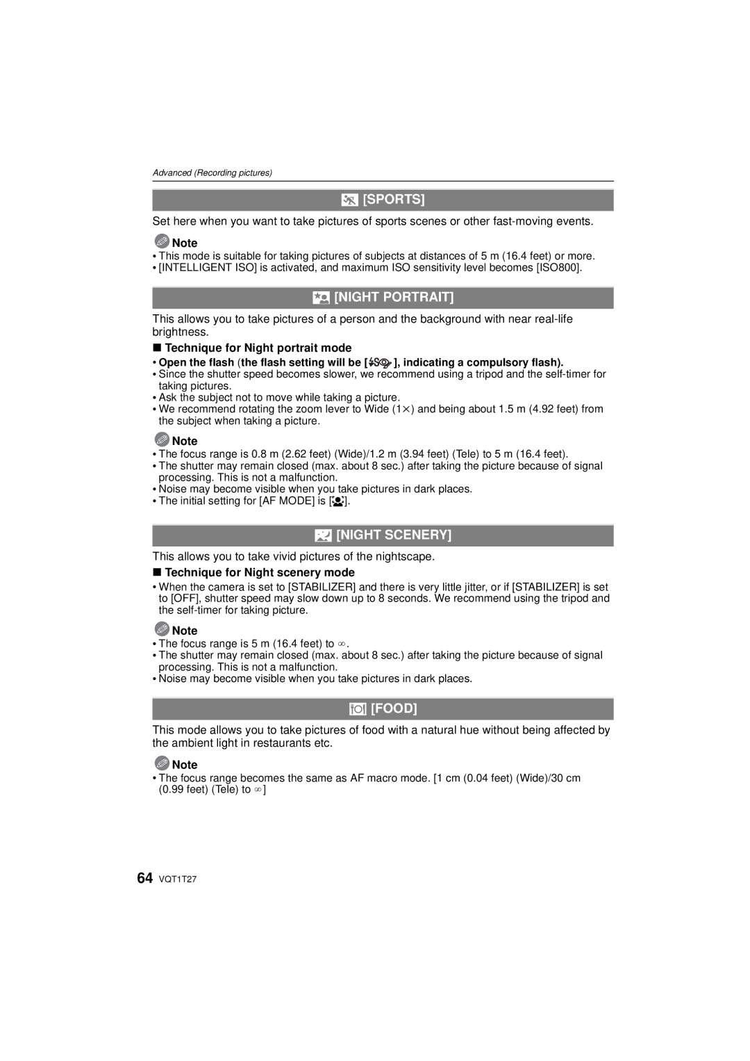 Panasonic DMCLX3K, DMC LX 3 operating instructions Sports, Night Portrait, Night Scenery, Food 