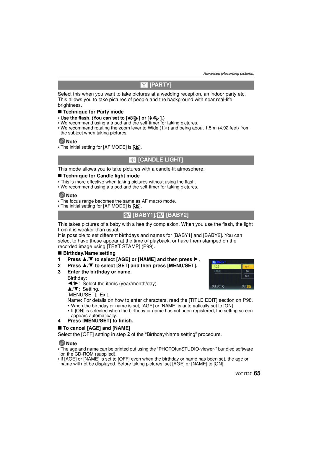 Panasonic DMC LX 3, DMCLX3K operating instructions Party, Candle Light, BABY1/ BABY2 