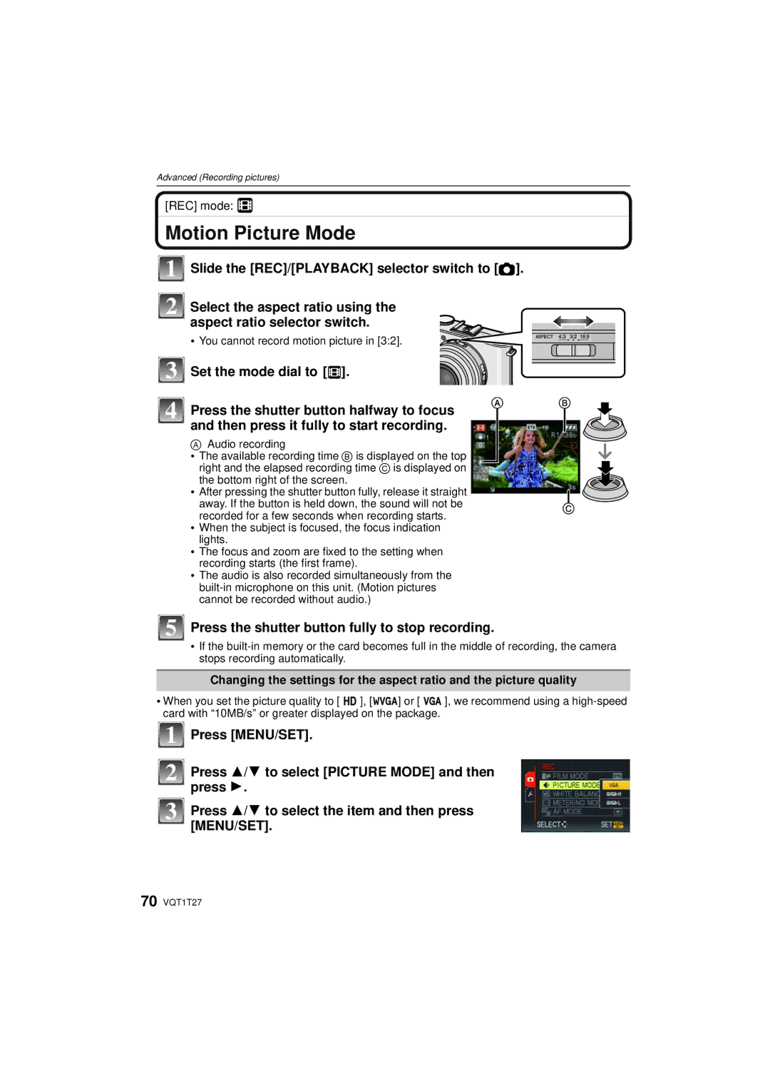 Panasonic DMCLX3K, DMC LX 3 Motion Picture Mode, Press the shutter button fully to stop recording, REC mode n 