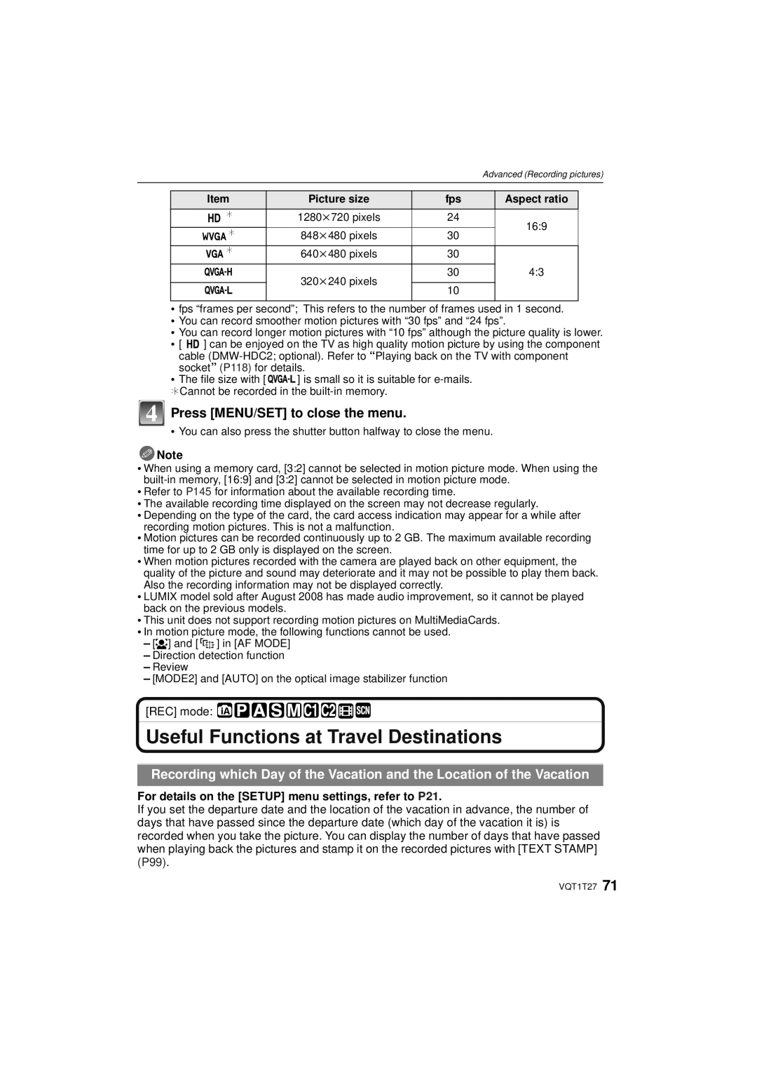 Panasonic DMC LX 3, DMCLX3K Useful Functions at Travel Destinations, For details on the Setup menu settings, refer to P21 