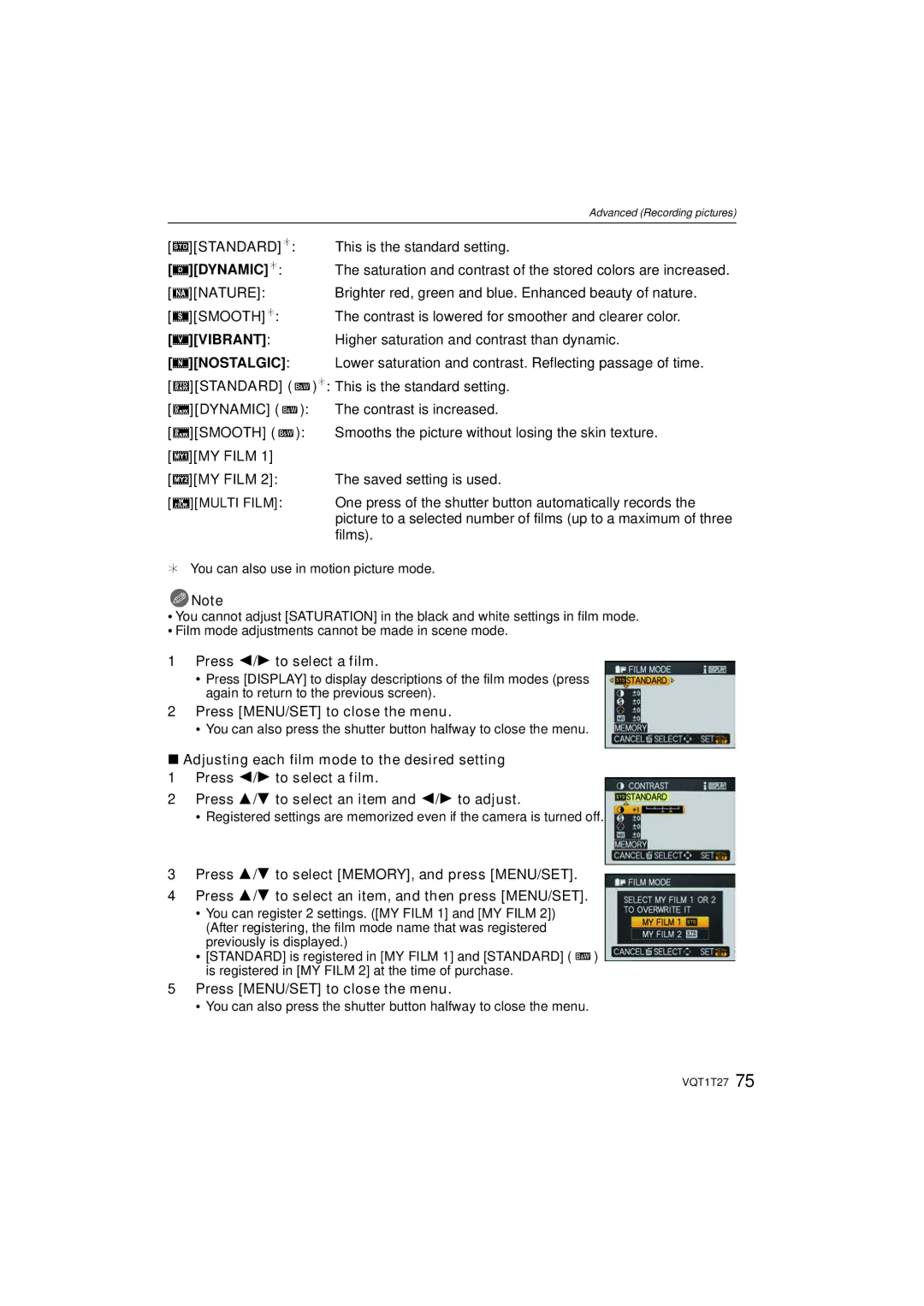 Panasonic DMC LX 3, DMCLX3K Standard¢, MY Film, This is the standard setting, Press 2/1 to select a film 