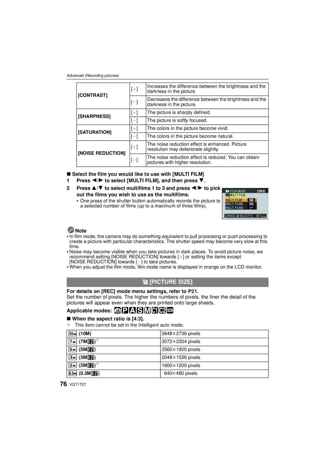 Panasonic DMCLX3K @ Picture Size, Applicable modes When the aspect ratio is, 10M 3648k2736 pixels, 640k480 pixels 