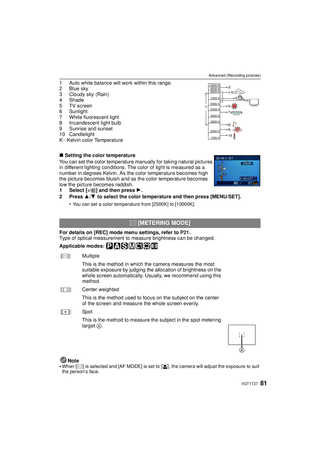 Panasonic DMC LX 3 Metering Mode, Setting the color temperature, You can set a color temperature from 2500K to 10000K 