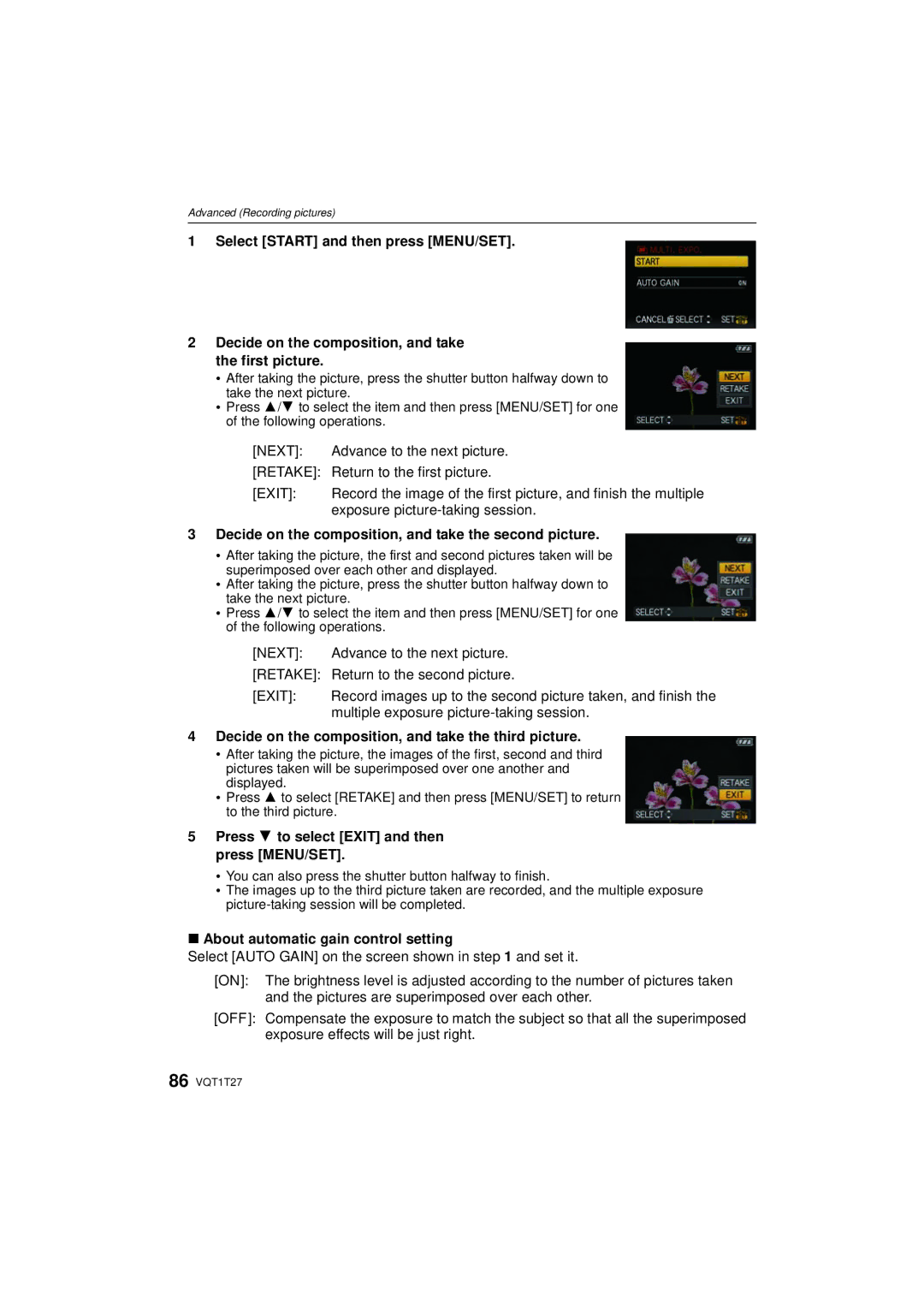 Panasonic DMCLX3K Decide on the composition, and take the second picture, Press 4 to select Exit and then press MENU/SET 