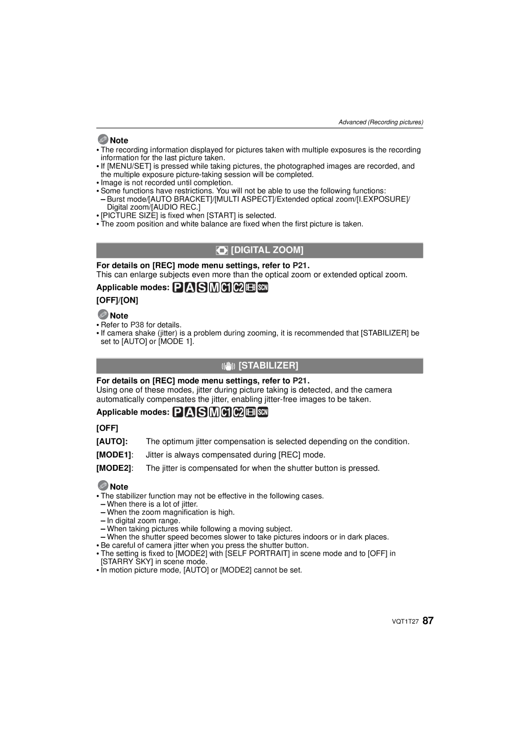 Panasonic DMC LX 3, DMCLX3K operating instructions Digital Zoom, Stabilizer, Applicable modes OFF 