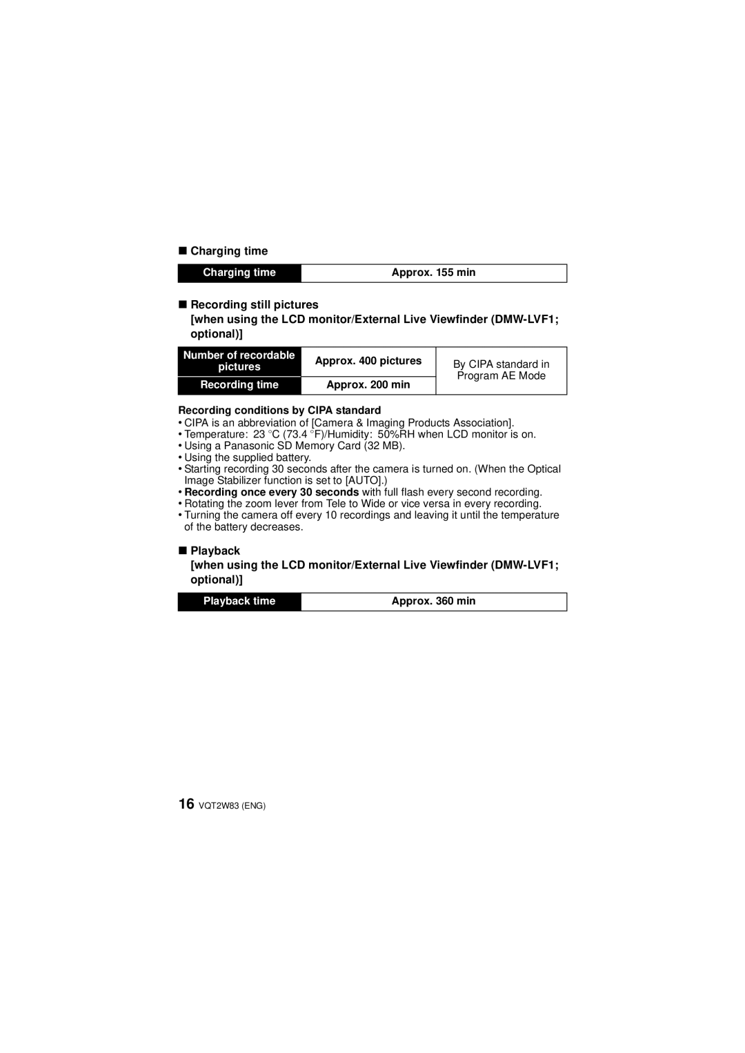 Panasonic VQT2W83, DMCLX5K, DMC-LX5 operating instructions Charging time, Recording conditions by Cipa standard, Approx min 