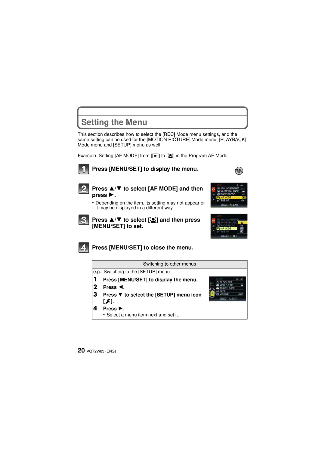 Panasonic DMC-LX5, DMCLX5K, VQT2W83 operating instructions Setting the Menu 