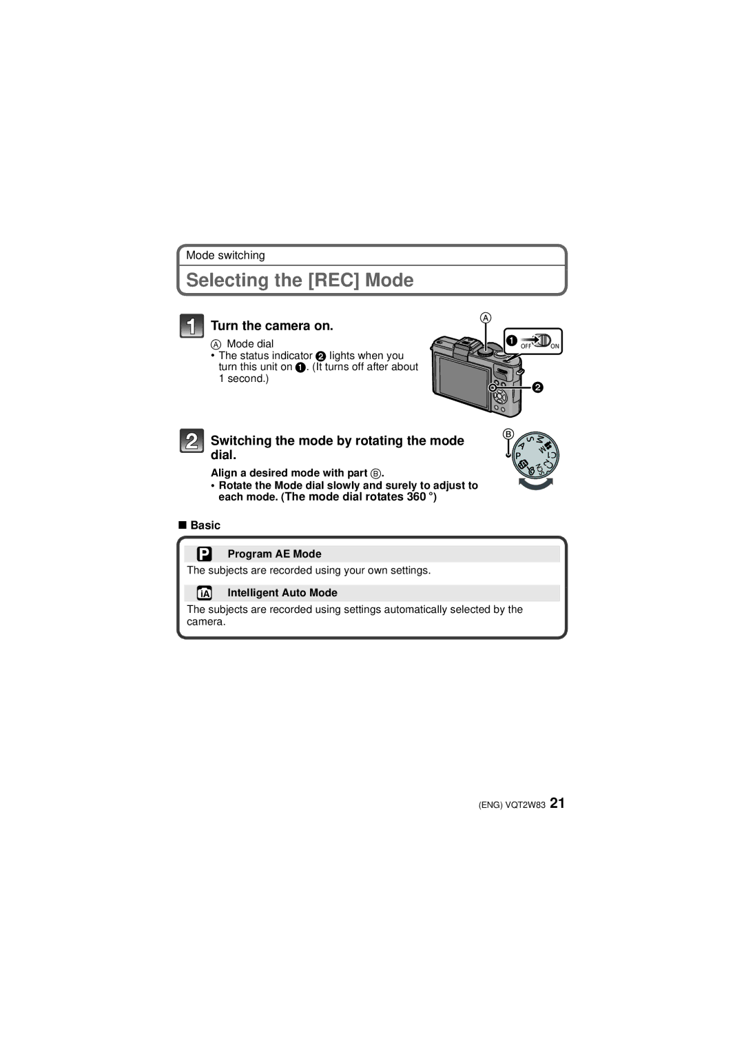 Panasonic DMCLX5K, VQT2W83, DMC-LX5 Selecting the REC Mode, Basic, Program AE Mode, Intelligent Auto Mode 