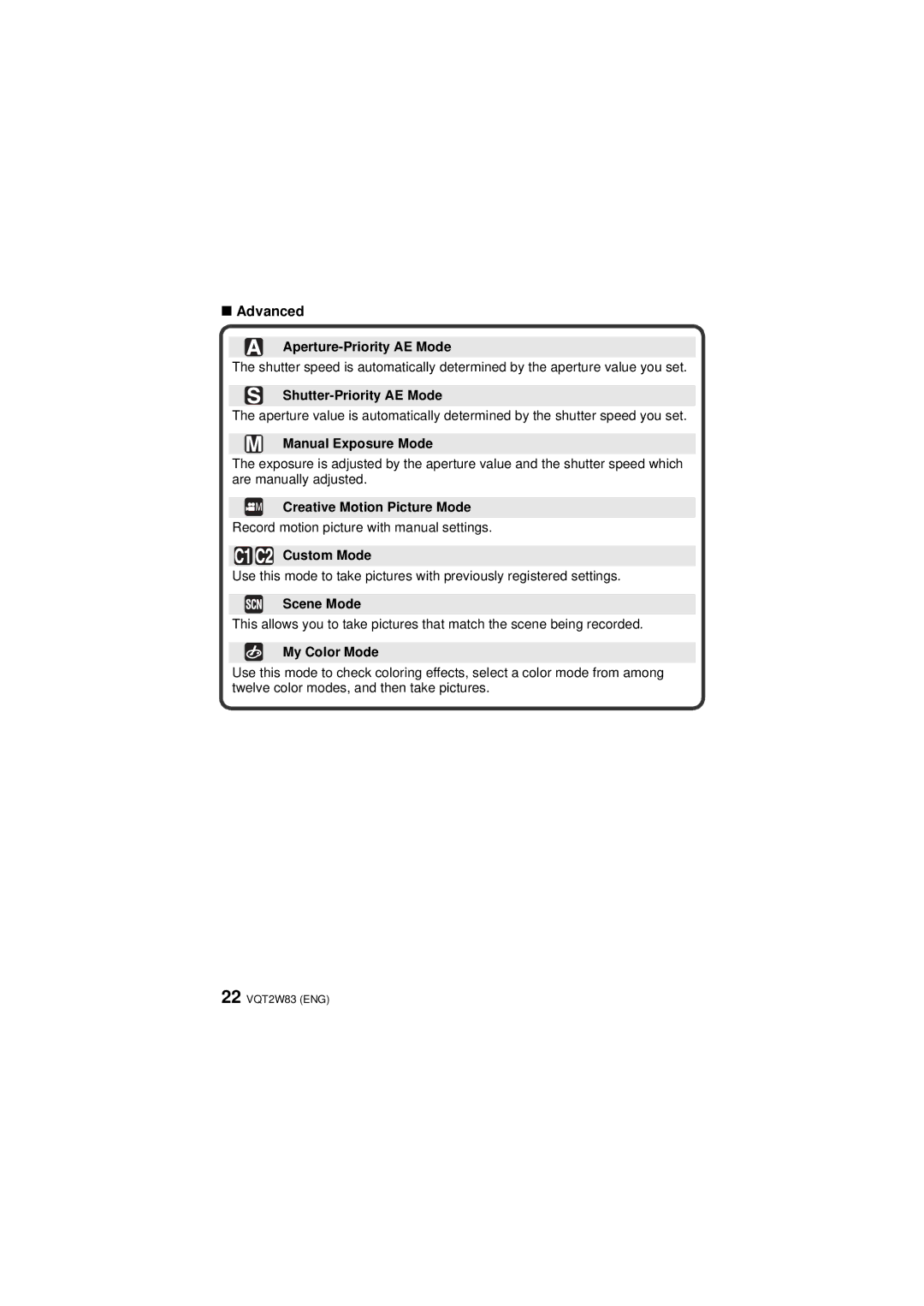 Panasonic VQT2W83, DMCLX5K, DMC-LX5 operating instructions Advanced 