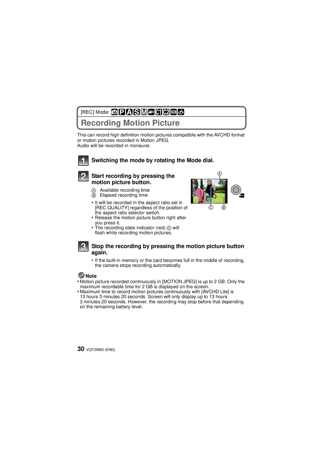 Panasonic DMCLX5K, VQT2W83, DMC-LX5 operating instructions Recording Motion Picture 