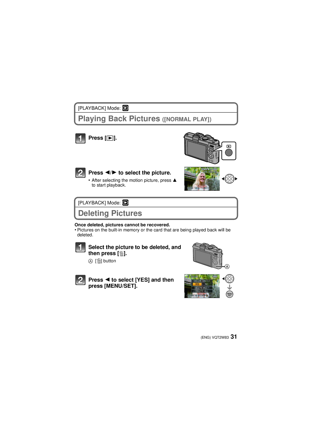 Panasonic VQT2W83 Playing Back Pictures Normal Play, Deleting Pictures, Once deleted, pictures cannot be recovered 