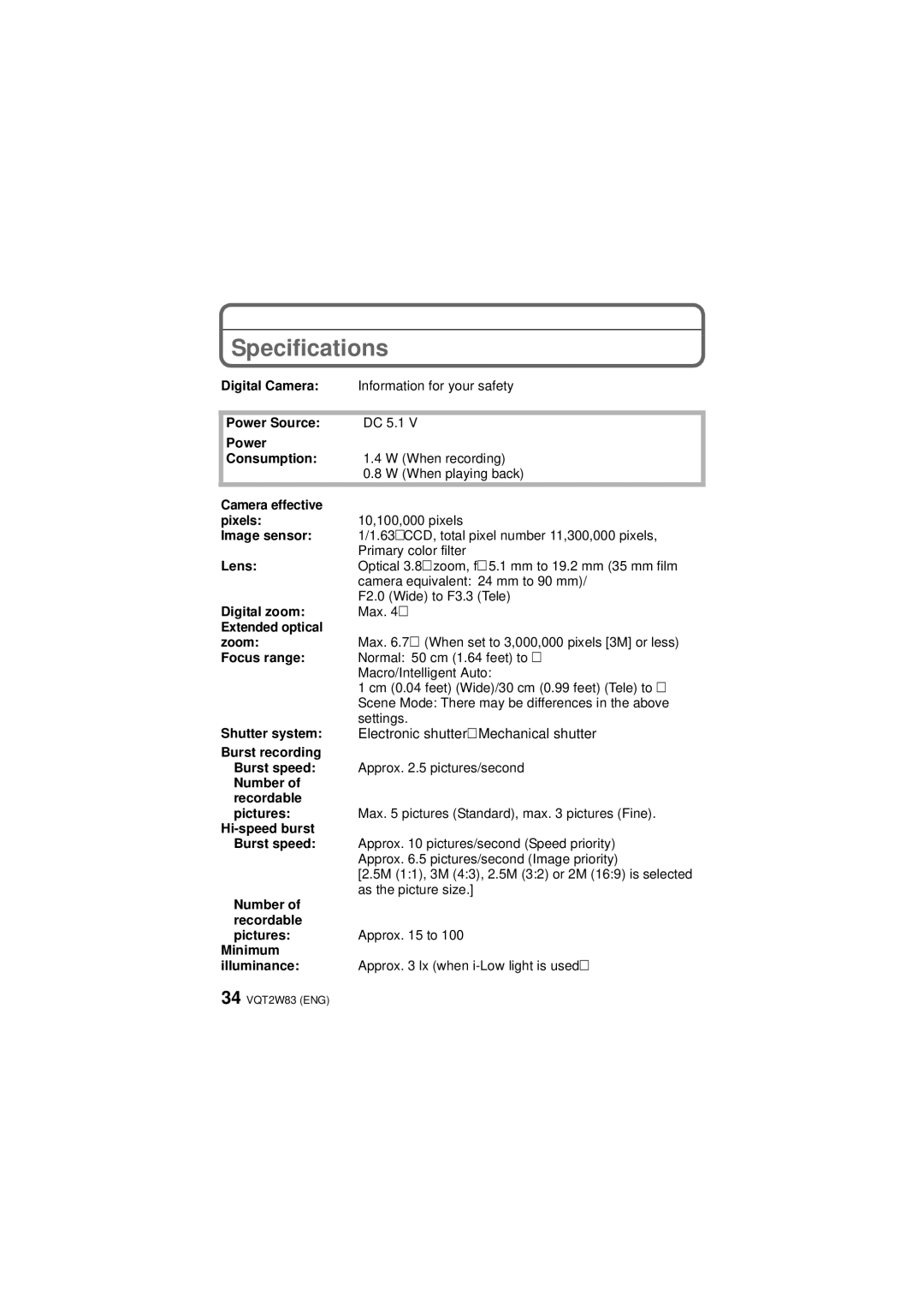 Panasonic VQT2W83, DMCLX5K, DMC-LX5 operating instructions Specifications 