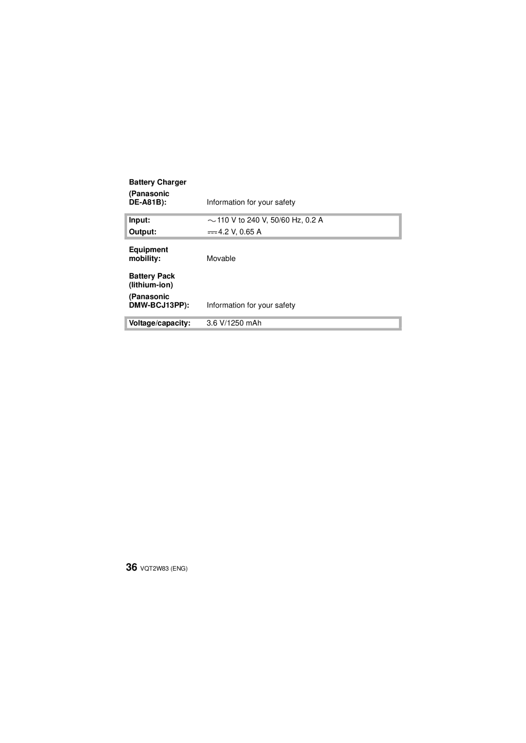 Panasonic DMCLX5K, VQT2W83, DMC-LX5 operating instructions Battery Charger Panasonic, Voltage/capacity V/1250 mAh 