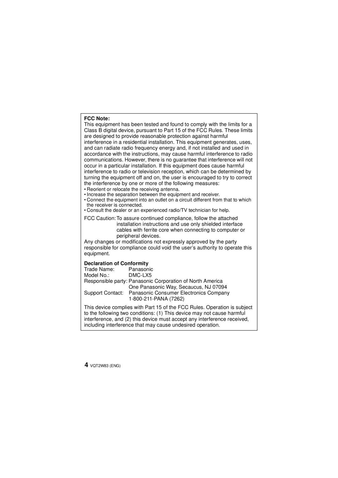 Panasonic VQT2W83, DMCLX5K, DMC-LX5 operating instructions FCC Note, Declaration of Conformity 