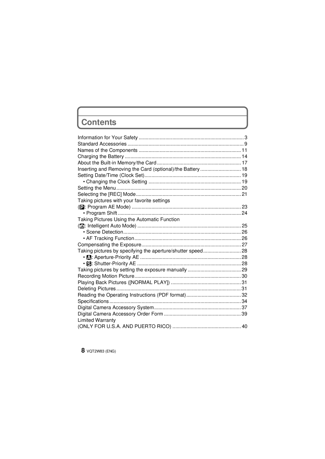 Panasonic DMC-LX5, DMCLX5K, VQT2W83 operating instructions Contents 