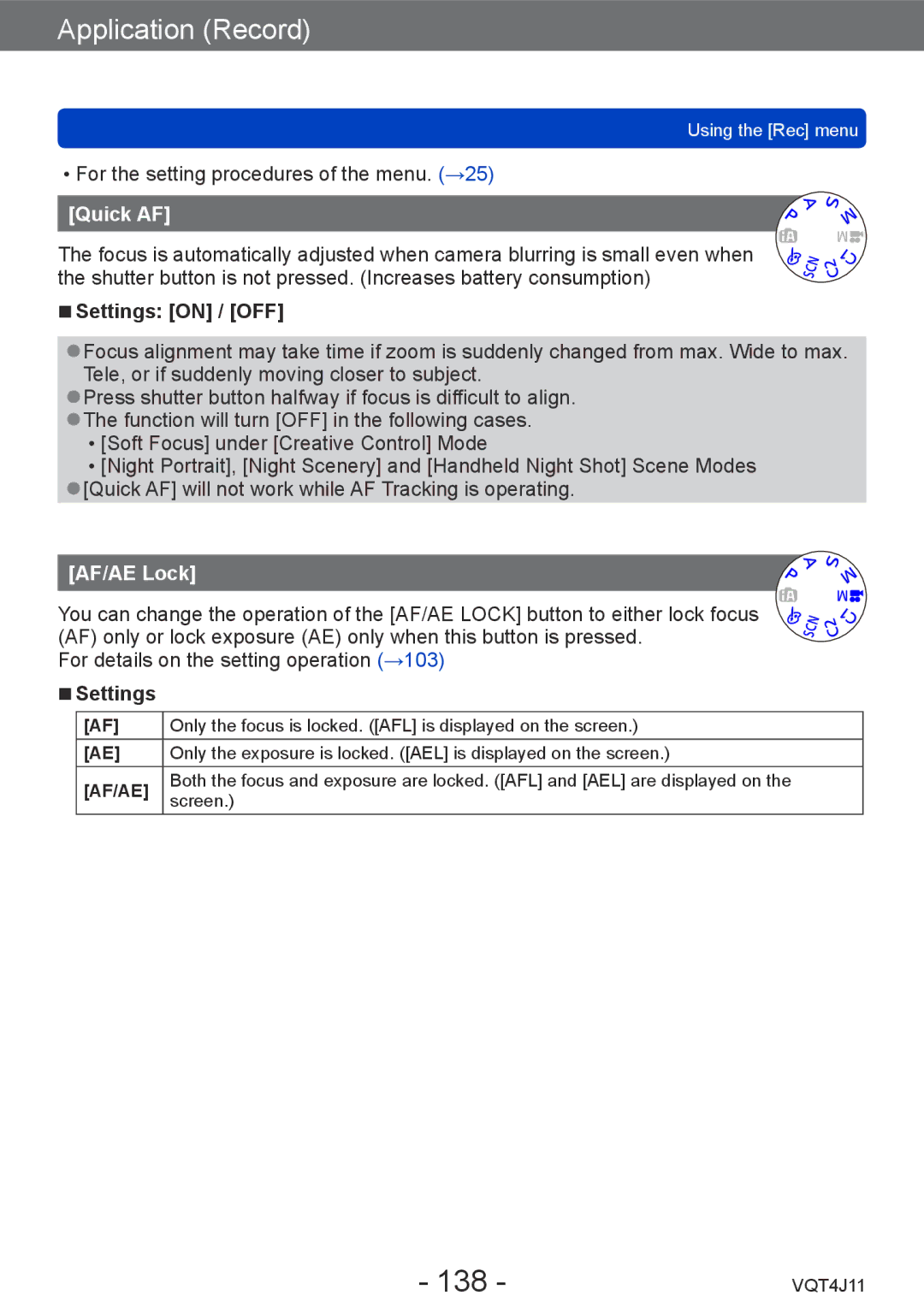 Panasonic M0712KZ0, DMCLX7W, DMCLX7K, VQT4J11 owner manual 138, Quick AF, AF/AE Lock 