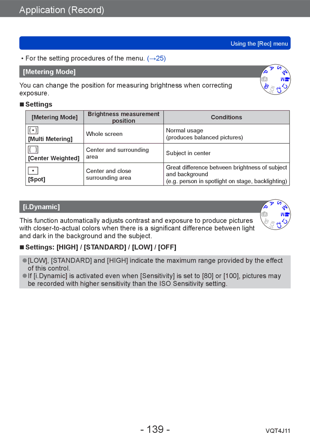 Panasonic VQT4J11, DMCLX7W, DMCLX7K, M0712KZ0 owner manual 139, Metering Mode, Dynamic, Settings High / Standard / LOW / OFF 