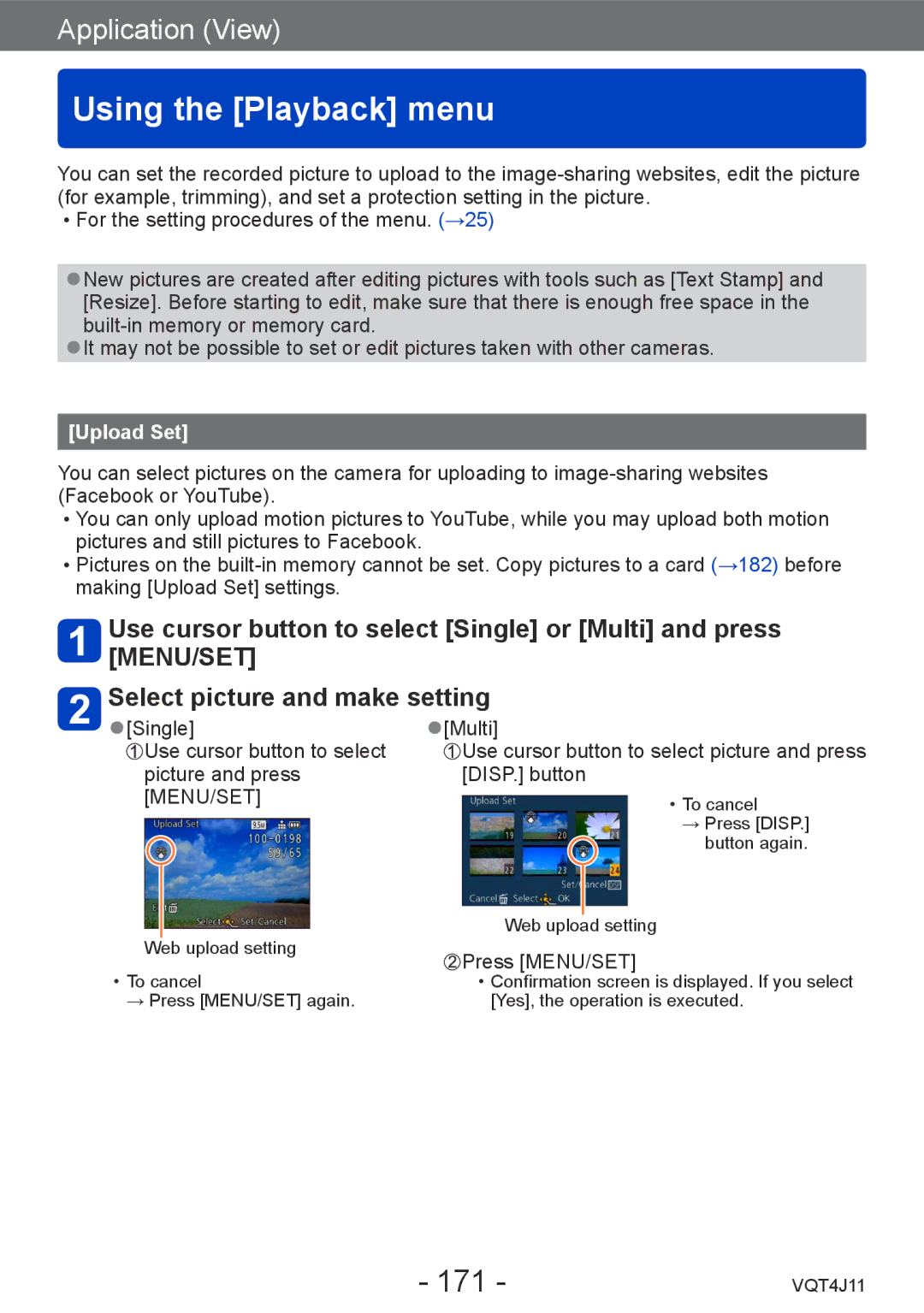Panasonic DMCLX7K, DMCLX7W, M0712KZ0, VQT4J11 owner manual Using the Playback menu, 171, Upload Set 