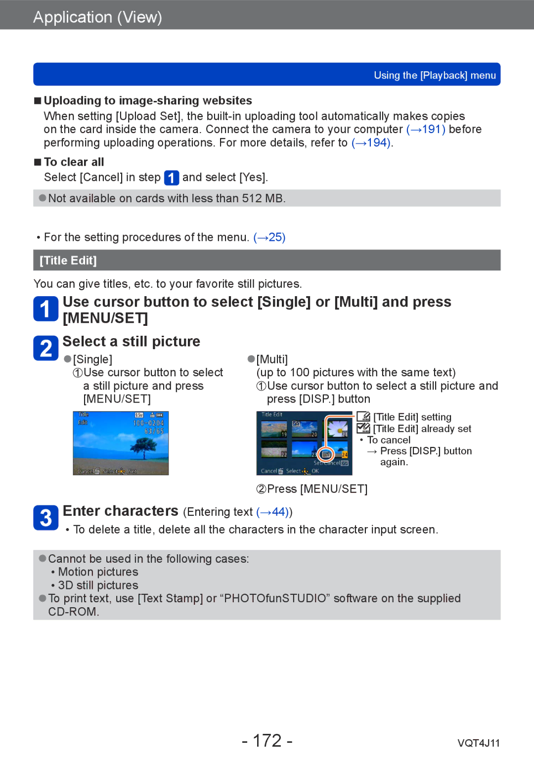 Panasonic DMCLX7 172, Enter characters Entering text →44, Uploading to image-sharing websites, To clear all, Title Edit 