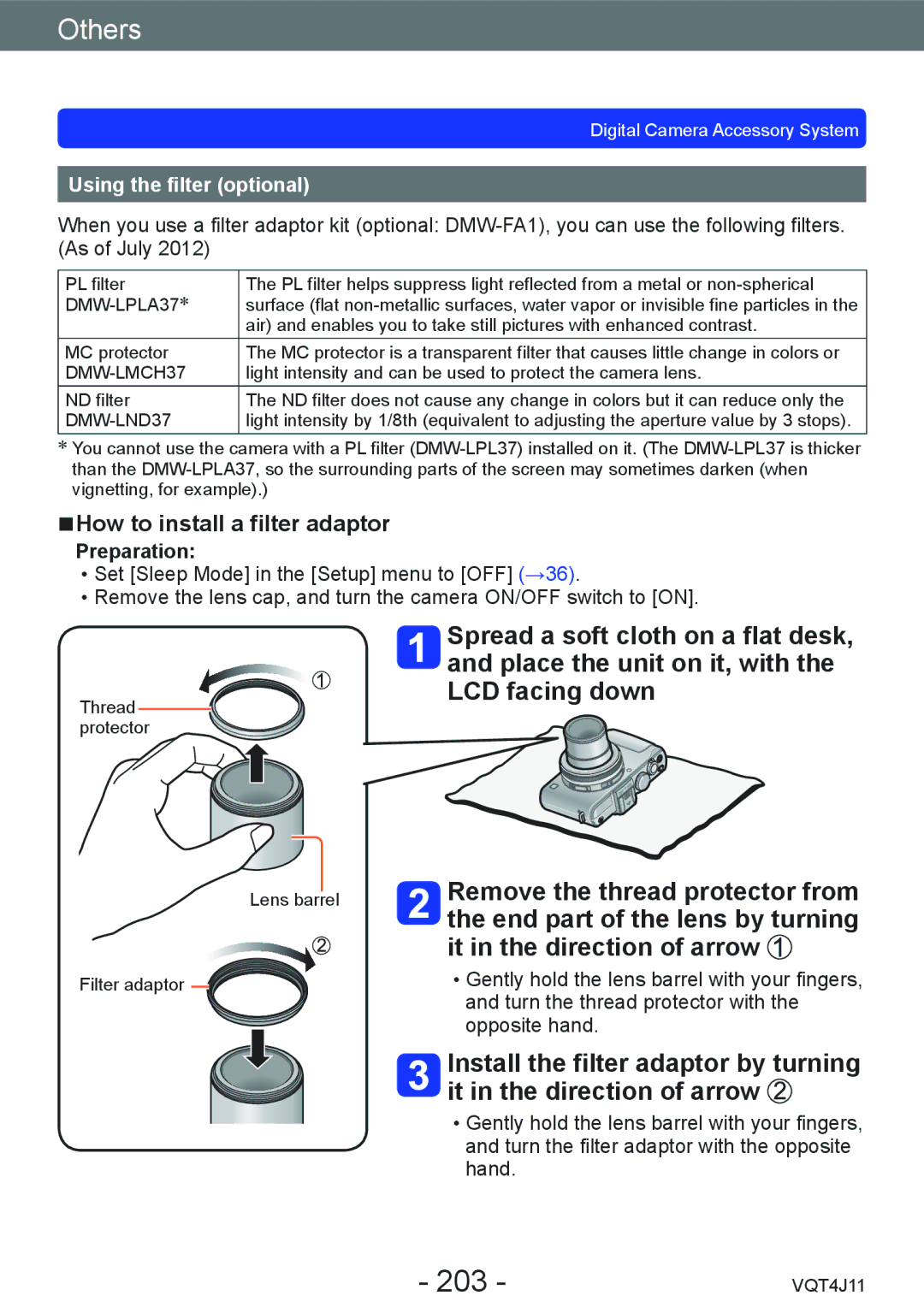 Panasonic M0712KZ0, DMCLX7W, DMCLX7K, VQT4J11 owner manual 203, How to install a filter adaptor, Using the filter optional 