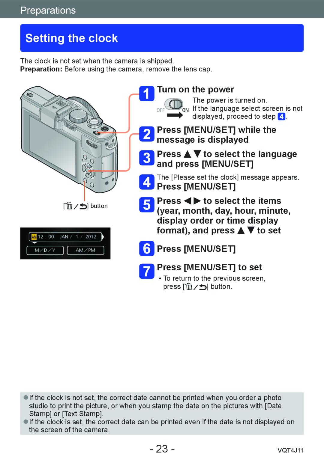 Panasonic M0712KZ0, DMCLX7W, DMCLX7K Setting the clock, Turn on the power, Press MENU/SET while the message is displayed 