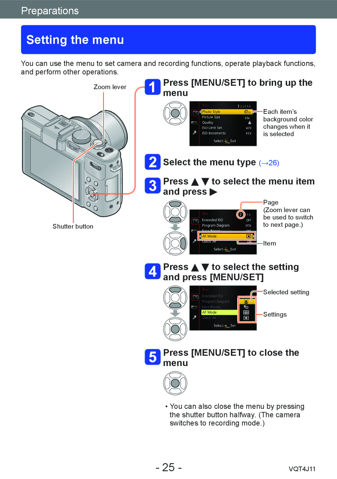 Panasonic DMCLX7W Setting the menu, Press MENU/SET to bring up the menu, Press to select the setting and press MENU/SET 