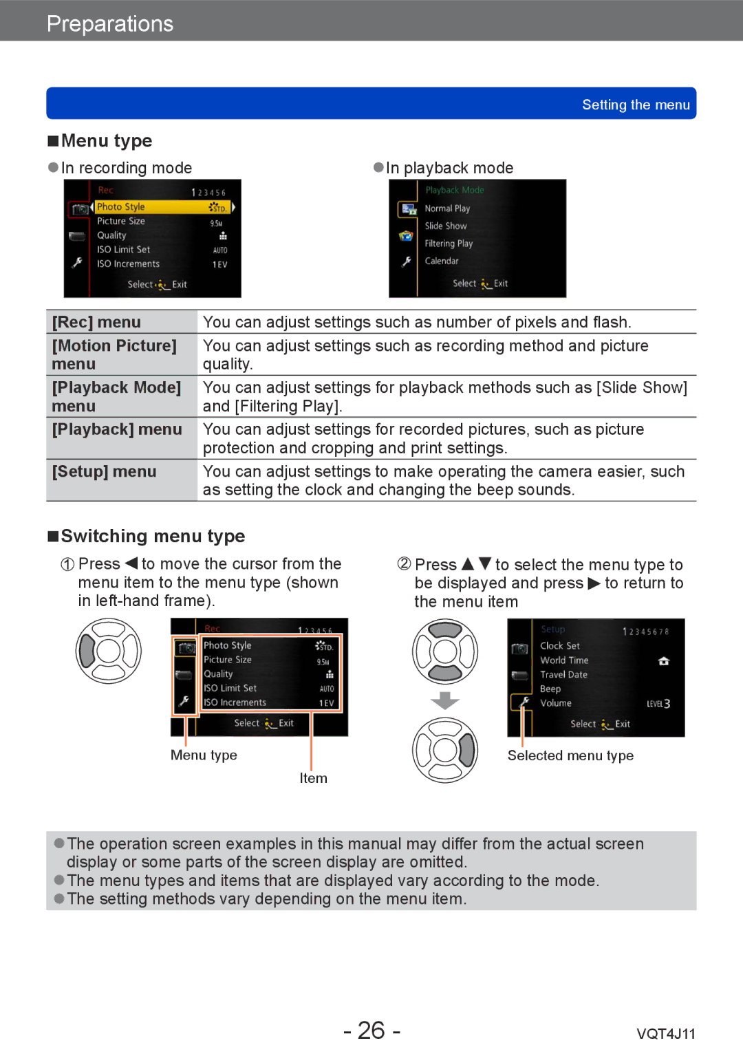 Panasonic DMCLX7K, DMCLX7W, M0712KZ0, VQT4J11 owner manual Menu type, Switching menu type 