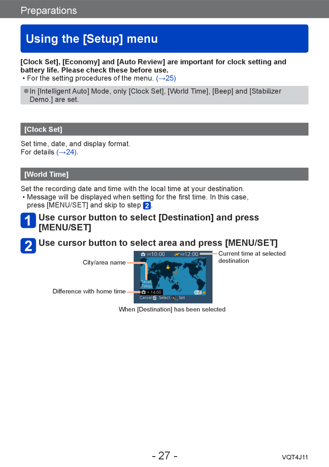 Panasonic DMCLX7W, DMCLX7K, M0712KZ0, VQT4J11 owner manual Using the Setup menu, Clock Set, World Time 