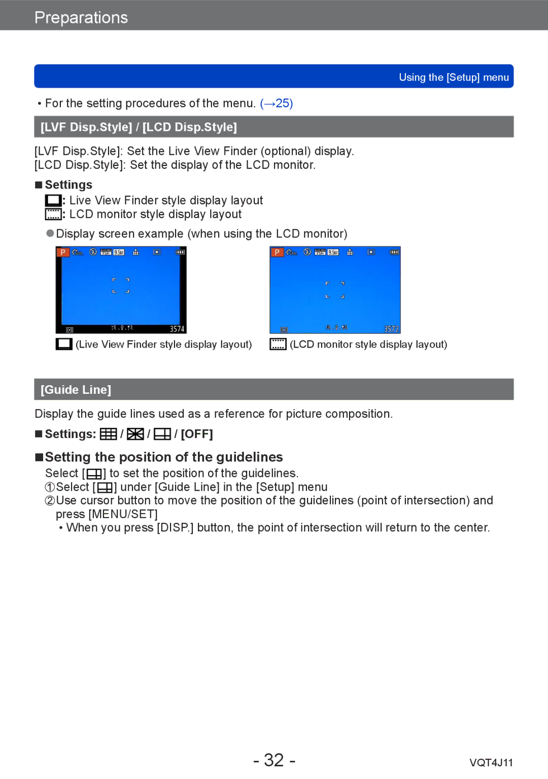 Panasonic DMCLX7 Setting the position of the guidelines, LVF Disp.Style / LCD Disp.Style, Guide Line, Settings / / / OFF 