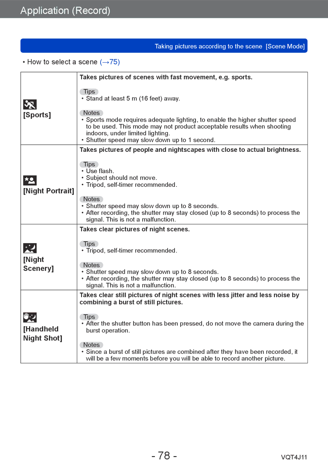 Panasonic M0712KZ0, DMCLX7W, DMCLX7K, VQT4J11 owner manual Sports, Night Portrait, Night Scenery, Handheld, Night Shot 