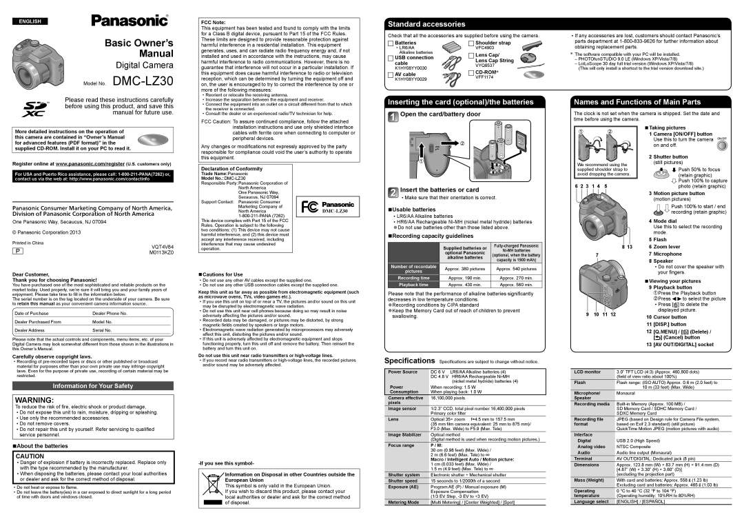 Panasonic DMC-LZ30, DMCLZ30K specifications Standard accessories, Inserting the card optional/the batteries 