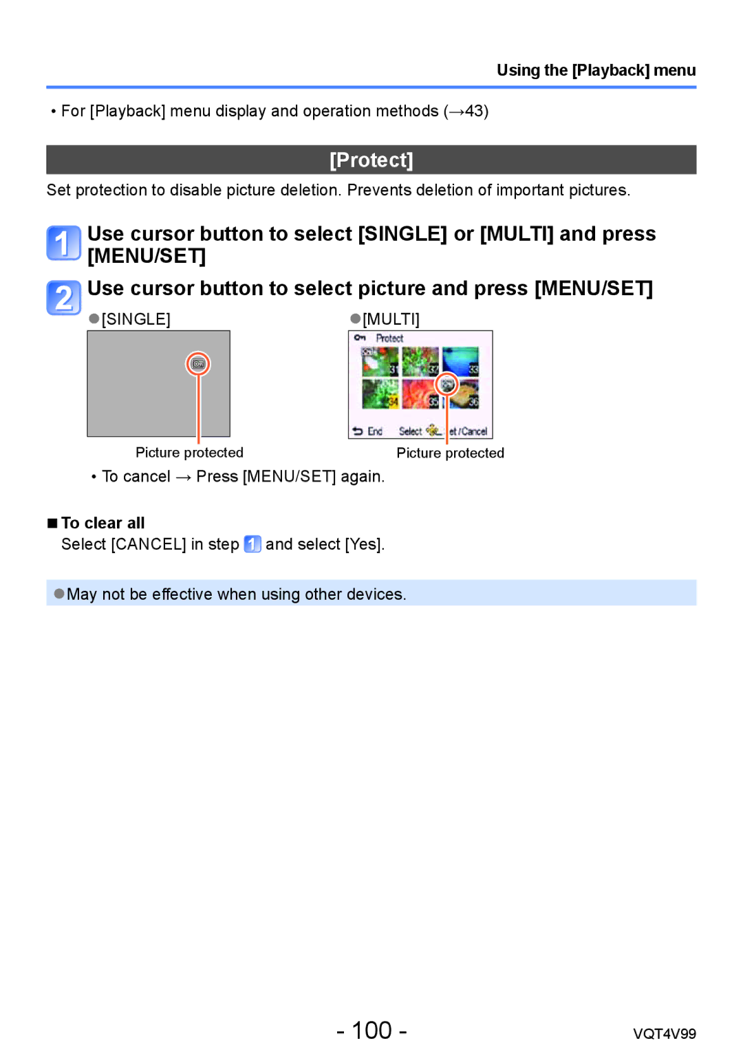 Panasonic DMCLZ30K, VQT4V99 owner manual 100, Protect, To clear all 