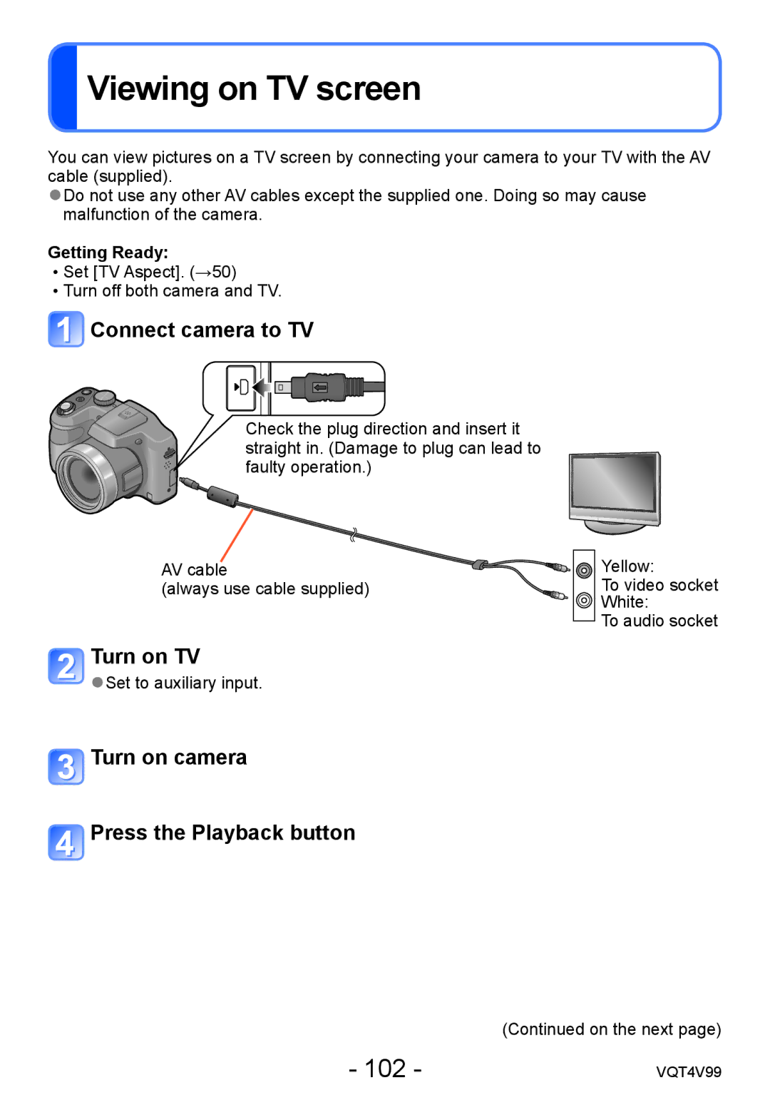 Panasonic DMCLZ30K Viewing on TV screen, 102, Connect camera to TV, Turn on TV, Turn on camera Press the Playback button 