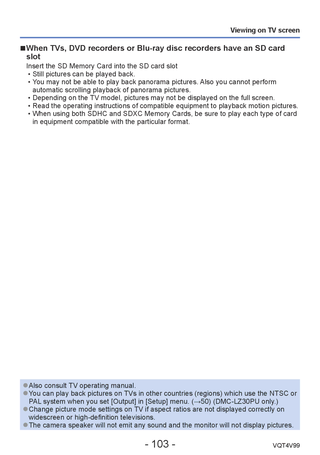 Panasonic VQT4V99, DMCLZ30K owner manual 103, Viewing on TV screen 