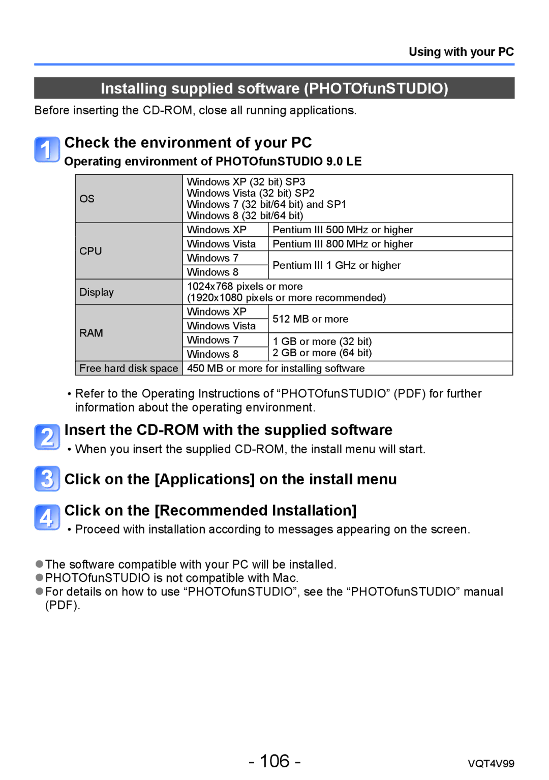 Panasonic DMCLZ30K, VQT4V99 owner manual 106, Installing supplied software PHOTOfunSTUDIO, Check the environment of your PC 