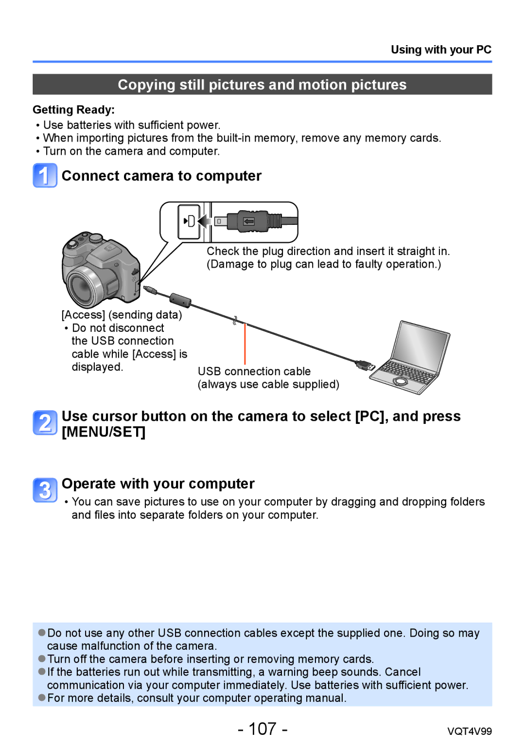 Panasonic VQT4V99, DMCLZ30K owner manual 107, Copying still pictures and motion pictures, Connect camera to computer 