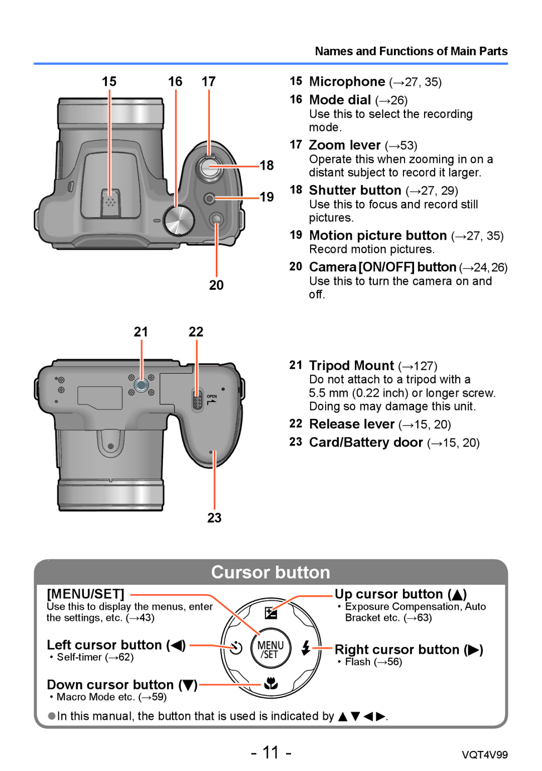 Panasonic VQT4V99, DMCLZ30K Microphone →27, Mode dial →26, Zoom lever →53, Shutter button →27, Motion picture button →27 